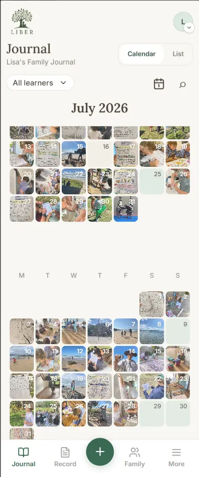The Journal in Liber shown as a calendar month, with a small photograph on each day a moment was kept.