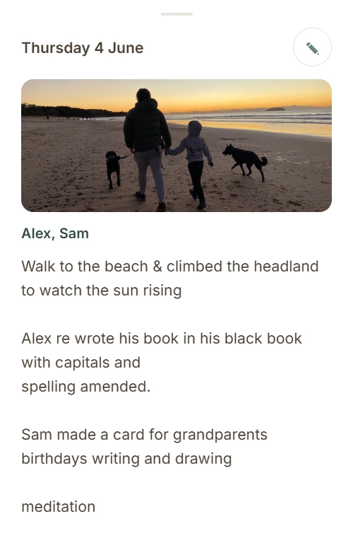 A Moment Detail screen in Liber showing a photograph, fictional learners Alex and Sam, and the notes captured for that learning moment.