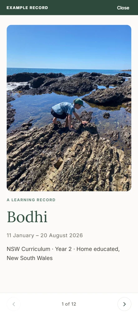 Example Learning Record, page 1 of 12: the cover, with a photo of a child exploring a rock pool, the child's first name, the period 11 January to 20 August 2026, and NSW Curriculum, Year 2, home educated in New South Wales.