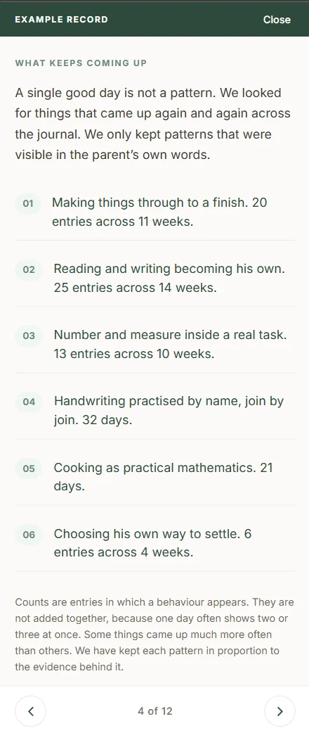 Example Learning Record, page 4 of 12: What keeps coming up, six patterns such as making things through to a finish, each with the number of entries and weeks it appears across.