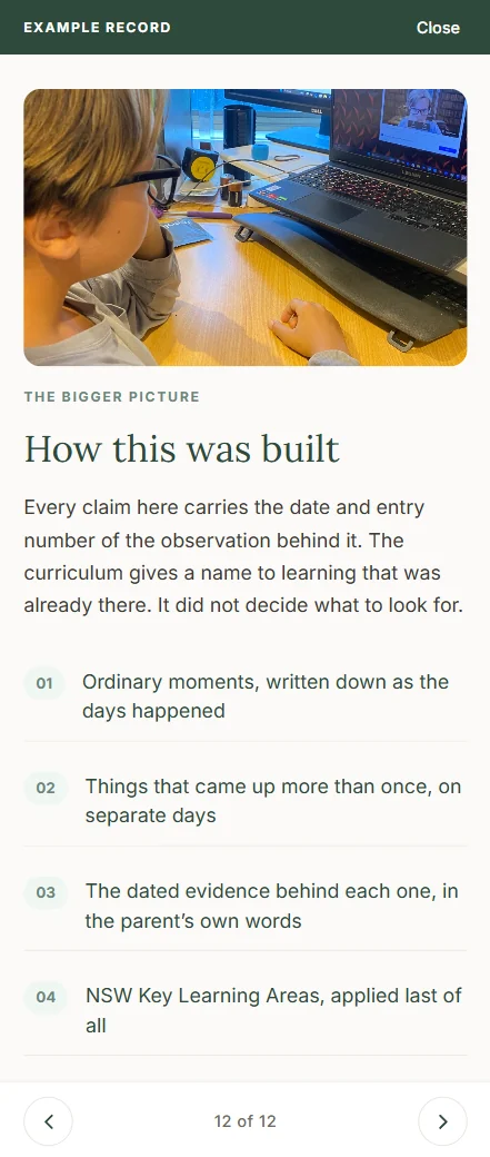 Example Learning Record, page 12 of 12: How this was built, in four steps from ordinary moments written down as the days happened to NSW Key Learning Areas applied last of all.